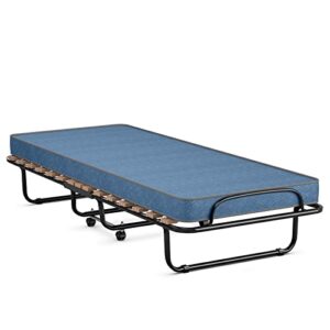 komfott rollaway bed with 4” mattress, folding bed with memory foam mattress for adults, portable guest bed with sturdy steel frame, made in italy
