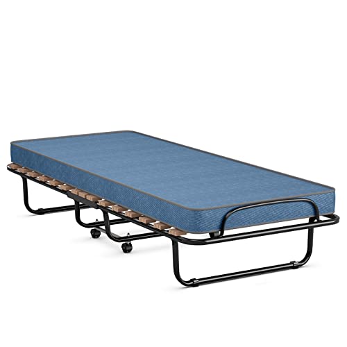 KOMFOTT Rollaway Bed with 4” Mattress, Folding Bed with Memory Foam Mattress for Adults, Portable Guest Bed with Sturdy Steel Frame, Made in Italy