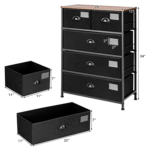 Giantex 5 drawer Dresser Fabric Storage Organizer with Adjustable Foot Pads & Folding Bin, Steel Frame Storage Cabinet Closet for Living Room, Bedroom, Cloakroom Unit Organizer, Black
