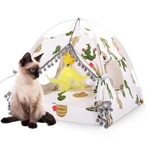 grand line cat bed cat house with mat, foldable cat tent kitten teepee indoor outdoor, portable cute nest for cat dog puppy up to 10 lbs, washable cushion, all seasons available (cactus)