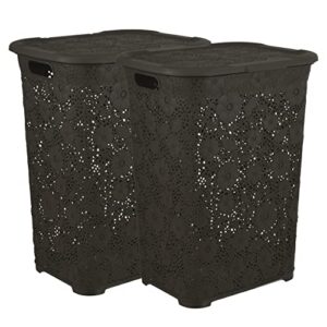 superio laundry hamper with lid lace design 50 liter brown, 2 pack laundry hamper basket with cutout handles, rectangular shape modern style bin -dirty cloths storage