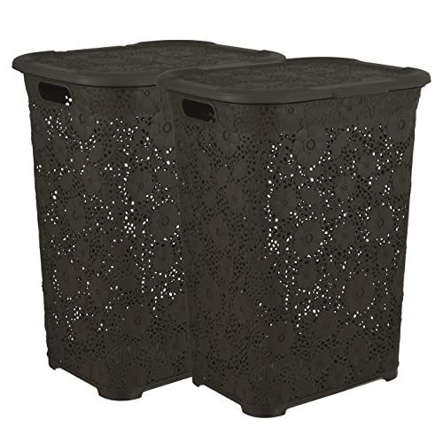 Superio Laundry Hamper with Lid Lace Design 50 Liter Brown, 2 Pack Laundry Hamper Basket with Cutout Handles, Rectangular Shape Modern Style Bin -Dirty Cloths Storage