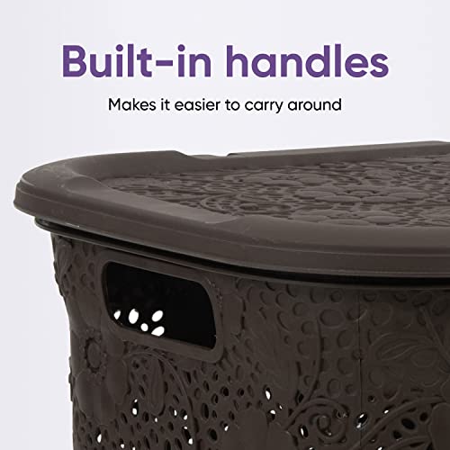 Superio Laundry Hamper with Lid Lace Design 50 Liter Brown, 2 Pack Laundry Hamper Basket with Cutout Handles, Rectangular Shape Modern Style Bin -Dirty Cloths Storage