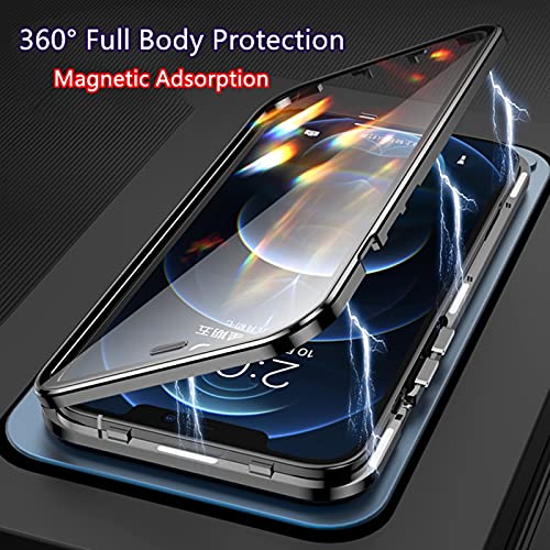Jonwelsy Case for iPhone 13 Pro Max, 360 Degree Double-Sided Protection Compatible with Magsafe Magnetic Adsorption Metal Bumper Front Tempered Glass Back Frosted PC Cover for 13 Pro Max 6.7" (Blue)