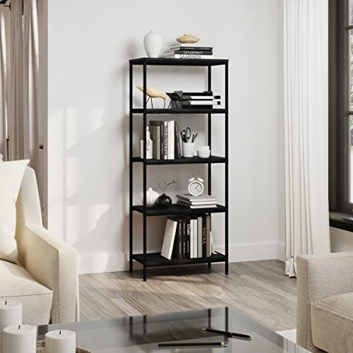 Lavish Home 5-Tier Bookshelf - Open Industrial Style Etagere Wooden Shelving Unit - Rustic Decoration for Storage and Display (Black Woodgrain)