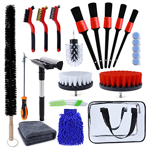 23PCS Car Wash Cleaning Tools Set Interior Exterior Car Cleaning Tools Kit with Car Detailing Kit Drill Brush Set Car Wash Tools Kit for Wheels,Windows,Dashboard,Engine Car Care Kit with Storage Bag