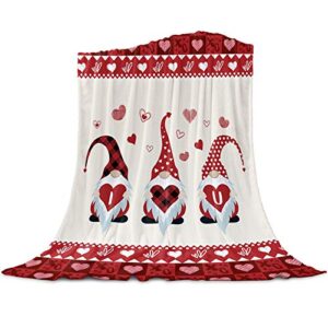 happy valentine's day flannel fleece throw microfiber blanket super soft cozy blanket cute gnome holding love heart red plaid lightweight fuzzy bedding fleece blanket for couch sofa bed