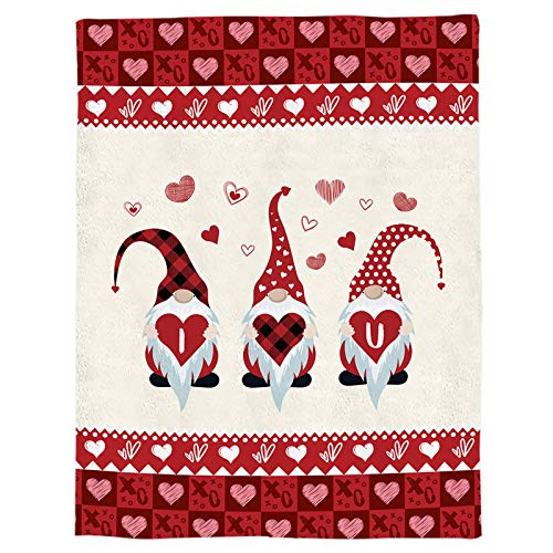 Happy Valentine's Day Flannel Fleece Throw Microfiber Blanket Super Soft Cozy Blanket Cute Gnome Holding Love Heart Red Plaid Lightweight Fuzzy Bedding Fleece Blanket for Couch Sofa Bed