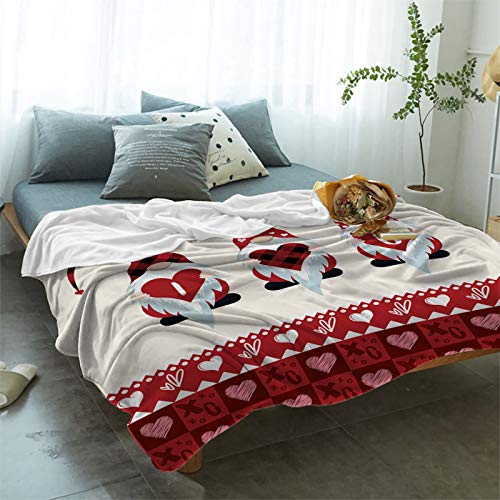 Happy Valentine's Day Flannel Fleece Throw Microfiber Blanket Super Soft Cozy Blanket Cute Gnome Holding Love Heart Red Plaid Lightweight Fuzzy Bedding Fleece Blanket for Couch Sofa Bed