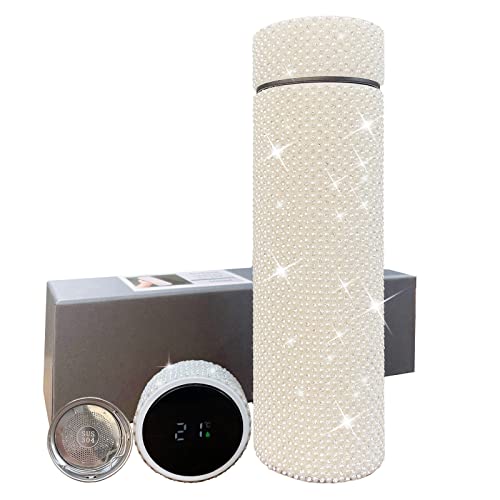 Bling Stainless Steel Water Bottle Rhinestone Vacuum Insulated, Diamond Thermos Water bottle, Glitter Smart water bottle with LED Temperature Display, Bling Gift for Woman Girl kids 500ml 17oz Silver