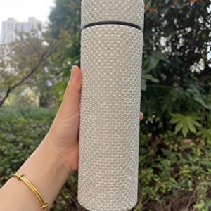 Bling Stainless Steel Water Bottle Rhinestone Vacuum Insulated, Diamond Thermos Water bottle, Glitter Smart water bottle with LED Temperature Display, Bling Gift for Woman Girl kids 500ml 17oz Silver