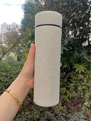 Bling Stainless Steel Water Bottle Rhinestone Vacuum Insulated, Diamond Thermos Water bottle, Glitter Smart water bottle with LED Temperature Display, Bling Gift for Woman Girl kids 500ml 17oz Silver