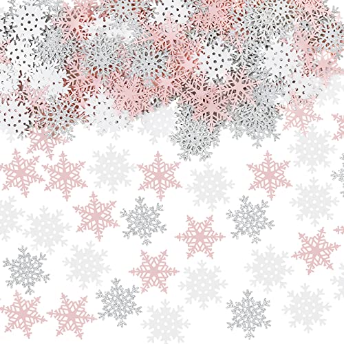 200Pcs Snowflakes Confetti Decorations for Winter Wonderland Decorations, White Pink Silver Winter Snowflake Confetti for Winter Christmas Birthday Holiday Party Table Decorations Supplies