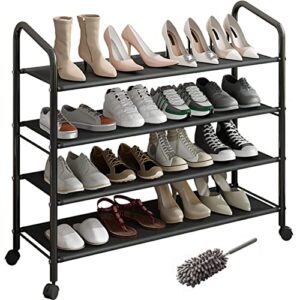 leaijiafy metal shoe rack black with wheels,4 tier sturdy fabric shelf shoe racks for closet entryway garage, rolling small shoe rack closet organizer for small space,wide shoe rack stand,20 pairs