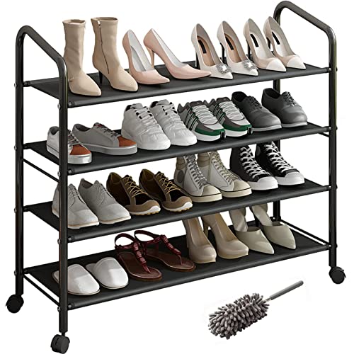 LEAIJIAFY Metal Shoe Rack Black with Wheels,4 Tier Sturdy Fabric Shelf Shoe Racks for Closet Entryway Garage, Rolling Small Shoe Rack Closet Organizer for Small Space,Wide Shoe Rack Stand,20 Pairs