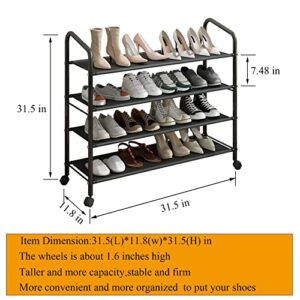 LEAIJIAFY Metal Shoe Rack Black with Wheels,4 Tier Sturdy Fabric Shelf Shoe Racks for Closet Entryway Garage, Rolling Small Shoe Rack Closet Organizer for Small Space,Wide Shoe Rack Stand,20 Pairs