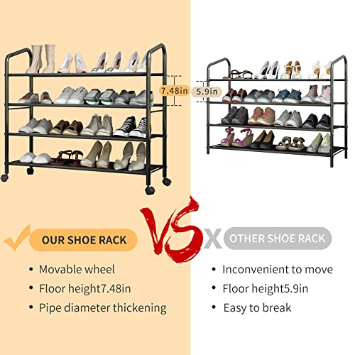 LEAIJIAFY Metal Shoe Rack Black with Wheels,4 Tier Sturdy Fabric Shelf Shoe Racks for Closet Entryway Garage, Rolling Small Shoe Rack Closet Organizer for Small Space,Wide Shoe Rack Stand,20 Pairs