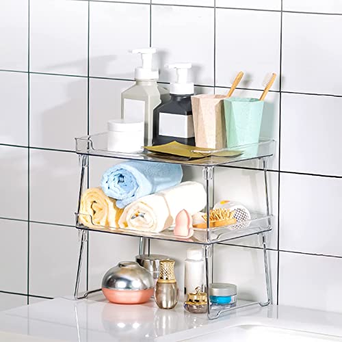 EsLuker.ly Set of 3 Stackable Cabinet Shelf Kitchen Cabinet Organizers and Storage, Foldable Cabinet Storage Shelf Rack Kitchen Counter Shelves for Pantry Cupboard, Clear Plastic/Metal