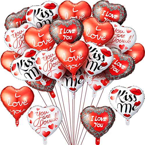 24 Pieces Valentines Day Balloons I Love You Foil Balloon Kiss Me Heart Decorations Anniversary Romantic 18 Inch Balloon for Valentines Sweetest Day Wedding Supplies