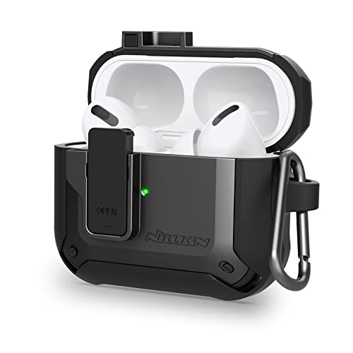 Nillkin for Airpods Pro Case Cover with Secure Lock,Press auto pop-Out Earphone case, Military Grade Armor Solid case Full-Body Hard Shell Protective Cover with Keychain for AirPod Pro 2019 - Black