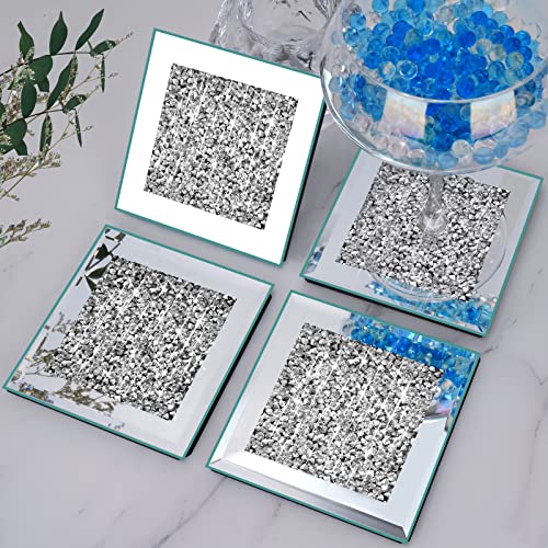 Glass Mirrored Coasters for Drinks, Crushed Diamond Coasters Set of 4, Decorative Wine Coasters, Mirror Coasters Heat Resistant, Table Bling Coasters for Bar Kitchen Restaurant, Silver Square 4 inches