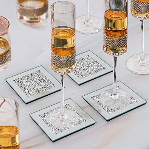 Glass Mirrored Coasters for Drinks, Crushed Diamond Coasters Set of 4, Decorative Wine Coasters, Mirror Coasters Heat Resistant, Table Bling Coasters for Bar Kitchen Restaurant, Silver Square 4 inches