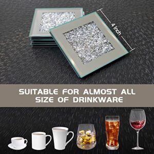 Glass Mirrored Coasters for Drinks, Crushed Diamond Coasters Set of 4, Decorative Wine Coasters, Mirror Coasters Heat Resistant, Table Bling Coasters for Bar Kitchen Restaurant, Silver Square 4 inches