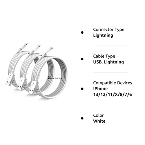 iPhone Charger Cord Lightning Cables, Original [3Pack 6ft] Apple MFi Certified USB A Charging Cable for iPhone 13 12 11 Mini Pro XR Xs Max X SE 8 7 6 Plus iPad iPod AirPods - White