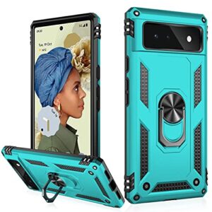 ikazz suitable for google pixel 6 case,military grade shockproof heavy duty protective phone case pass 16ft drop test with magnetic kickstand car mount holder for google pixel 6 turquoise