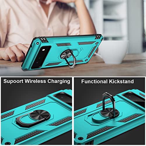 IKAZZ Suitable for Google Pixel 6 Case,Military Grade Shockproof Heavy Duty Protective Phone Case Pass 16ft Drop Test with Magnetic Kickstand Car Mount Holder for Google Pixel 6 Turquoise