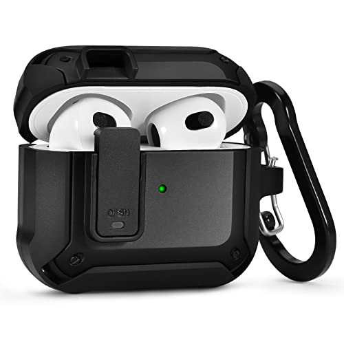 Filoto AirPods 3 Case, Secure Lock Shockproof Protective Apple Airpod 3rd Generation Cover Cool TPU Case for Air Pod 3 Wireless Charging Case with Carabiner Keychain Accessories (Black)