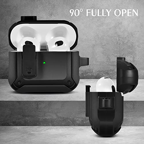 Filoto AirPods 3 Case, Secure Lock Shockproof Protective Apple Airpod 3rd Generation Cover Cool TPU Case for Air Pod 3 Wireless Charging Case with Carabiner Keychain Accessories (Black)