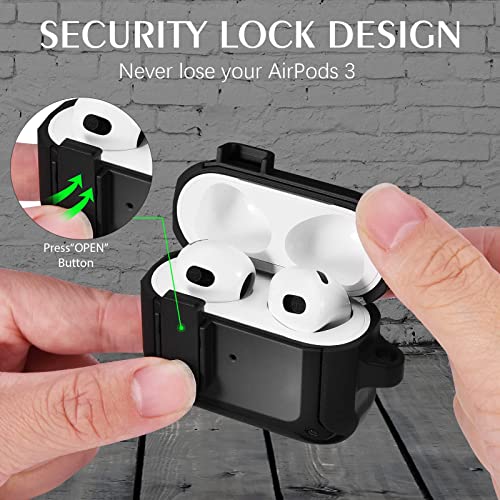 Filoto AirPods 3 Case, Secure Lock Shockproof Protective Apple Airpod 3rd Generation Cover Cool TPU Case for Air Pod 3 Wireless Charging Case with Carabiner Keychain Accessories (Black)