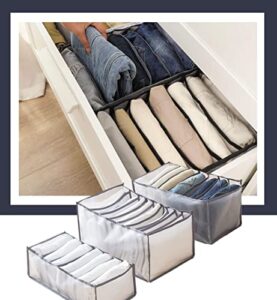 3 pcs 7 grids washable wardrobe clothes organizer,jeans compartment storage box, foldable closet drawer organizer clothes drawer mesh ，and 9 grids shirts, t-shirts grid (2 pcs jeans grid+leggings grid)