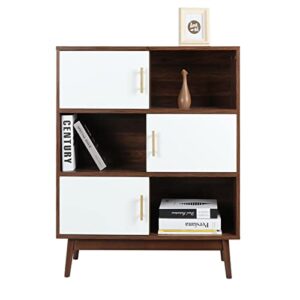 anmytek cube bookcase with doors and display shelves, mid-century modern bookshelf with legs, free standing walnut storage shelf open cabinet for bedroom, living room, office h0035