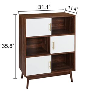 Anmytek Cube Bookcase with Doors and Display Shelves, Mid-Century Modern Bookshelf with Legs, Free Standing Walnut Storage Shelf Open Cabinet for Bedroom, Living Room, Office H0035