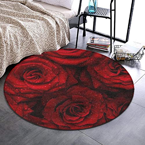 Fashion Round Area Rug Soft Flannel Throw Rugs Non-Slip Floor Carpet Home Decor for Living Room Bedroom Office, Red Rose, 60 Inch Diameter