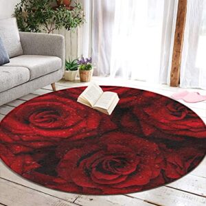 Fashion Round Area Rug Soft Flannel Throw Rugs Non-Slip Floor Carpet Home Decor for Living Room Bedroom Office, Red Rose, 60 Inch Diameter