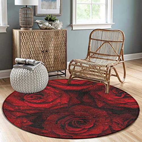 Fashion Round Area Rug Soft Flannel Throw Rugs Non-Slip Floor Carpet Home Decor for Living Room Bedroom Office, Red Rose, 60 Inch Diameter