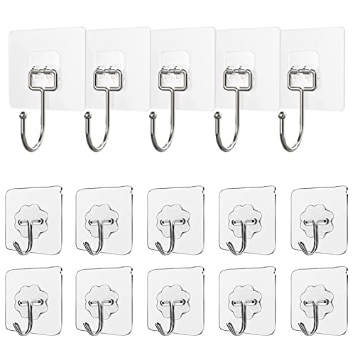 Yozone 15 Piece Heavy Duty Sticky Hooks ,Waterproof and Oilproof Transparent Reusable Seamless Hooks with 22lb(Max)for Bathroom,Kitchen and Home Sticky Hooks (5Large+10small)