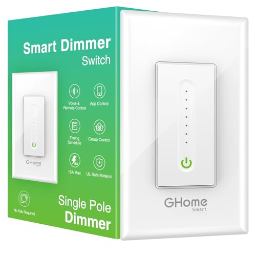 GHome Smart Smart Dimmer Switch Work with Alexa Google Home, Neutral Wire Required 2.4GHz Wi-Fi Switch for Dimming LED CFL INC Light Bulbs, Single Pole, UL Certified, No Hub Required, 1Pack