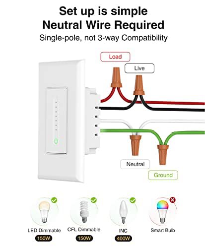 GHome Smart Smart Dimmer Switch Work with Alexa Google Home, Neutral Wire Required 2.4GHz Wi-Fi Switch for Dimming LED CFL INC Light Bulbs, Single Pole, UL Certified, No Hub Required, 1Pack