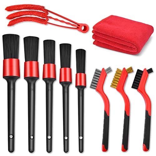 10 Pcs Car Detailing Brush Set ,Including 5 pcs Detail Brush , 3 pcs Wire Brush , Air Conditioner Brush and Microfiber Towel for Cleaning Wheels,Dashboard,Interior,Exterior,Leather, Air Vents, Emblems