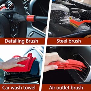 10 Pcs Car Detailing Brush Set ,Including 5 pcs Detail Brush , 3 pcs Wire Brush , Air Conditioner Brush and Microfiber Towel for Cleaning Wheels,Dashboard,Interior,Exterior,Leather, Air Vents, Emblems