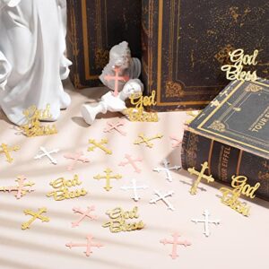 300 Pieces Glitter Cross Confetti God Bless Confetti Table Confetti Cross Decorations for Baptism Party Baby Shower Birthday Gender Reveal First Communion Party Supplies (Pink, Gold, White)