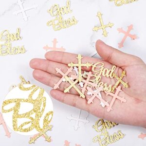 300 Pieces Glitter Cross Confetti God Bless Confetti Table Confetti Cross Decorations for Baptism Party Baby Shower Birthday Gender Reveal First Communion Party Supplies (Pink, Gold, White)