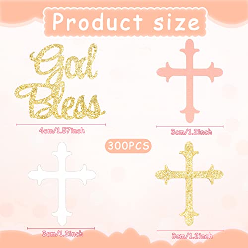 300 Pieces Glitter Cross Confetti God Bless Confetti Table Confetti Cross Decorations for Baptism Party Baby Shower Birthday Gender Reveal First Communion Party Supplies (Pink, Gold, White)