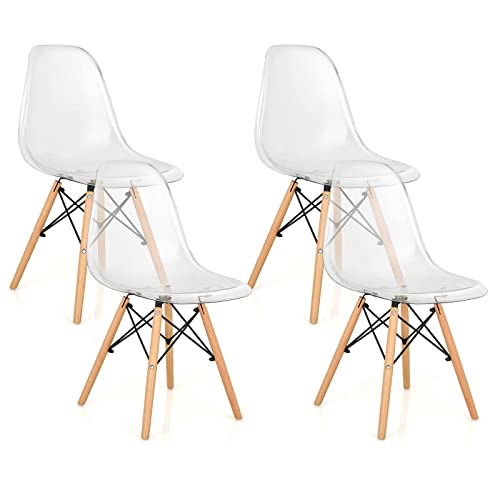 Giantex Dining Chairs Set of 4, Clear Acrylic Dining Chairs with Beech Wood Legs, Max Load 330 Lbs, Pre Assembled Transparent Kitchen Chairs, Modern Mid Century Plastic Dining Side Chair