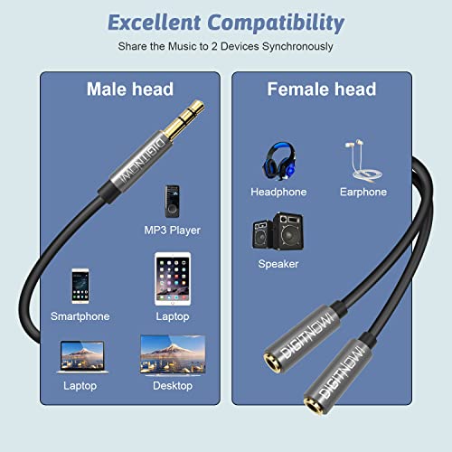 DIGITNOW Headphone Splitter,3.5mm Extension Cable Audio Stereo Y Splitter (Hi-Fi Sound), 3.5mm Male to Female Dual Headset Jack Adapter for iPhone Samsung Tablet Laptop, PS4, Switch & More