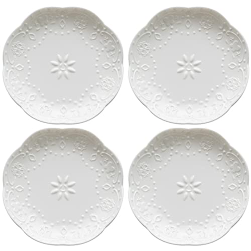 Sizikato 4pcs White Porcelain Appetizer Plate, 4-Inch Sauce Plate, Lace Embossed